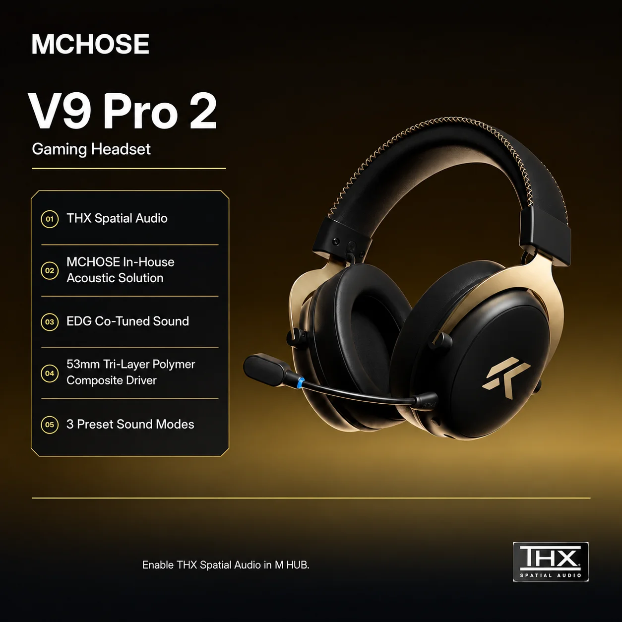 MCHOSE V9 Pro 2 Wireless FPS Gaming Headset THX Spatial Audio 2.4GHz 15ms Low Latency Detachable AI Noise Cancelling Mic for PC