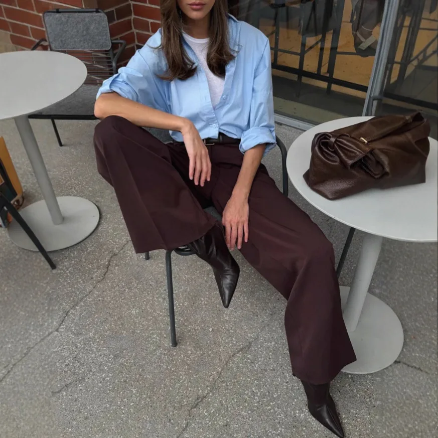 Retro Fashion Wide Leg Pants Women's Spring Autumn High Waist Button Floor-length Draped Pants Elegant Straight Casual Trousers