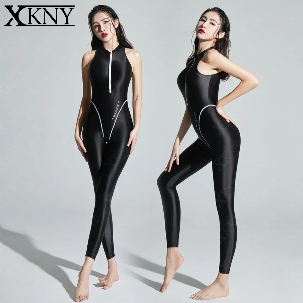 

AMORESY атласный глянцевый комбинезон с двусторонней молнией без рукавов, плотная гладкая одежда для йоги, велосипед, узкие атласные гладкие брюки с девятью штанинами