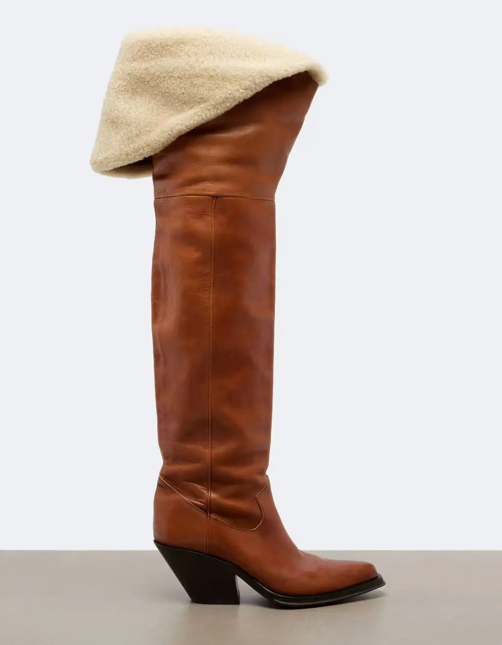 Women's winter fur chunky heel thigh high boots pointy toe brown leather warm snow boot causal dress luxury designer shoes