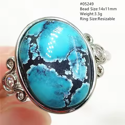 Natural Blue Turquoise Bead Adjustable Ring Rare For Women Men Oval Fashion Gift Green Turquoise 925 Sterling Silver AAAAA