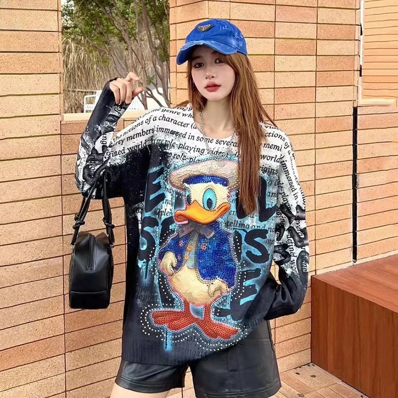 

2025 New Donald Duck Rhinestone Print Hoodie for Women Loose Oversize Streetwear Hip-Hop Style Long Sleeve Pullover Tops