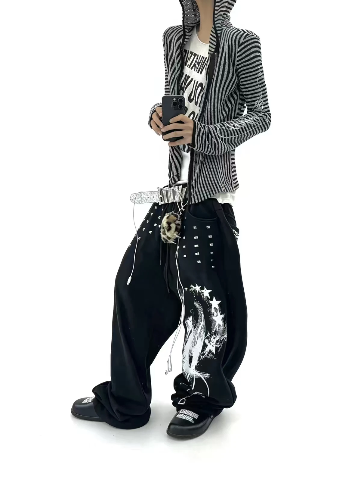 American Street Style Casual Pants Men Women Autumn New Rivet Sequin Black Sweatpants Retro Loose Straight Leg Trousers Trendy