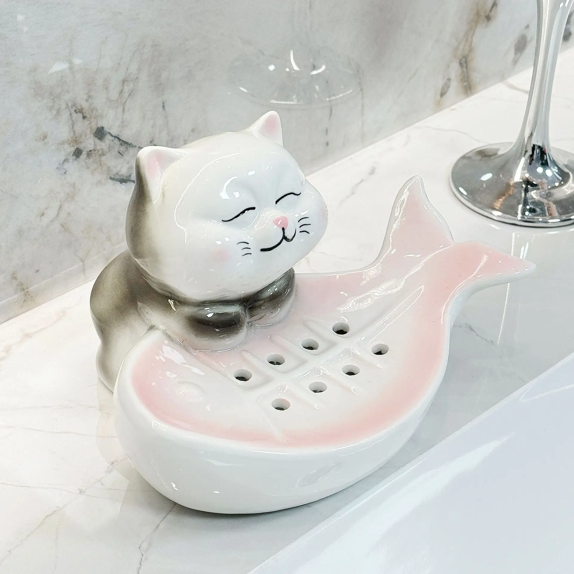 

Мыльница с милым котом, сливная полка для хранения мыла, неперфорированная креативная керамическая мыльница для ванной комнаты, аксессуары для ванной комнаты