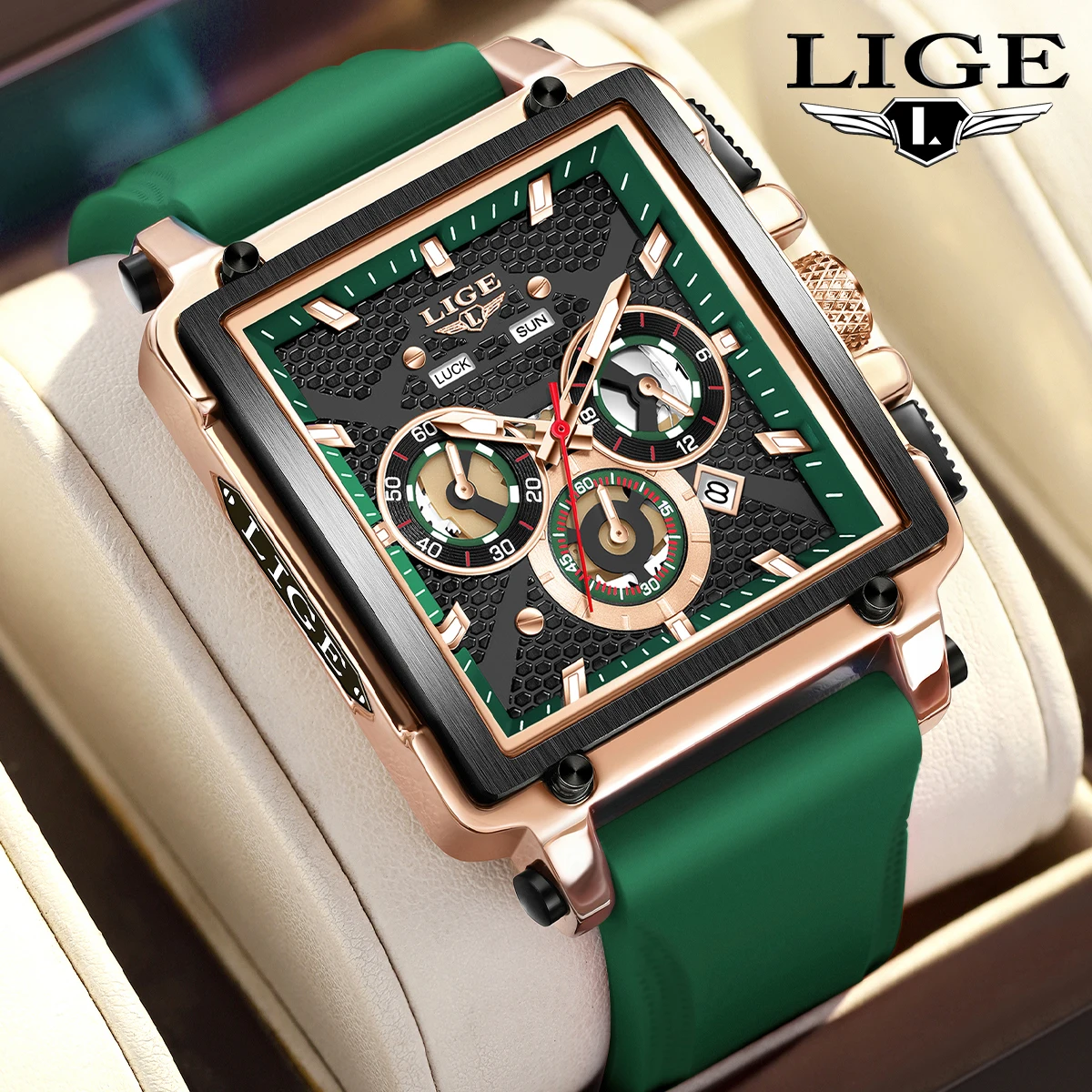 

LIGE модные спортивные мужские часы с большим циферблатом, уникальный прямоугольный полый дизайн, кварцевые наручные часы, мужские часы с хронографом и автоматической датой