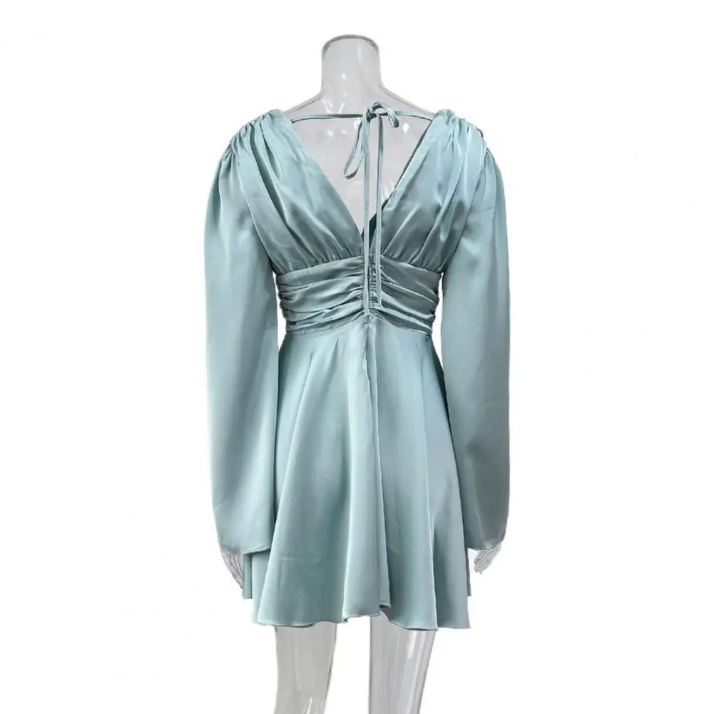 Large Size Women's Clothing New V-neck Waist A-shaped Skirt Kinked Solid Color Short T-shirt Flowy Dress For Club Cocktail Party