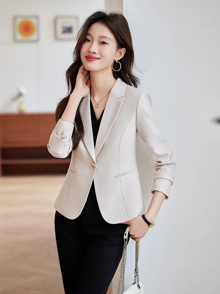 

Женский костюмный пиджак 2025: Новинка, весна-осень, корейский стиль, элегантный, высококачественный, повседневный, приталенный, универсальный, легкий.
