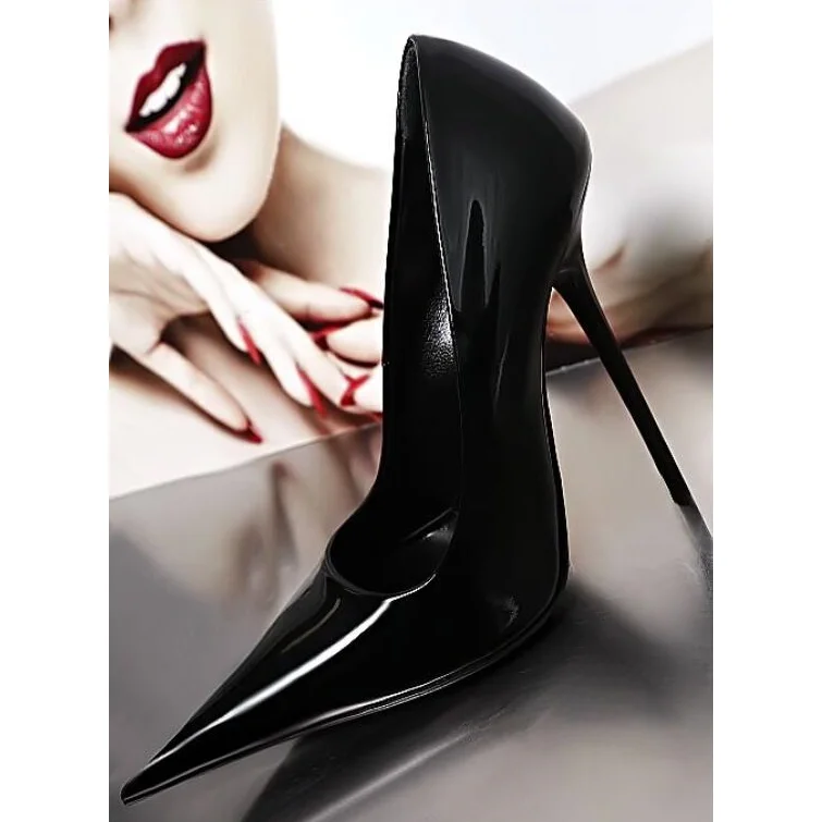 Black Patent Leather Pointy Toe Pumps Stilettos High Heels Sexy Shoes for Women Solid Color Party Shoes 2023 Zapatos Para Mujere