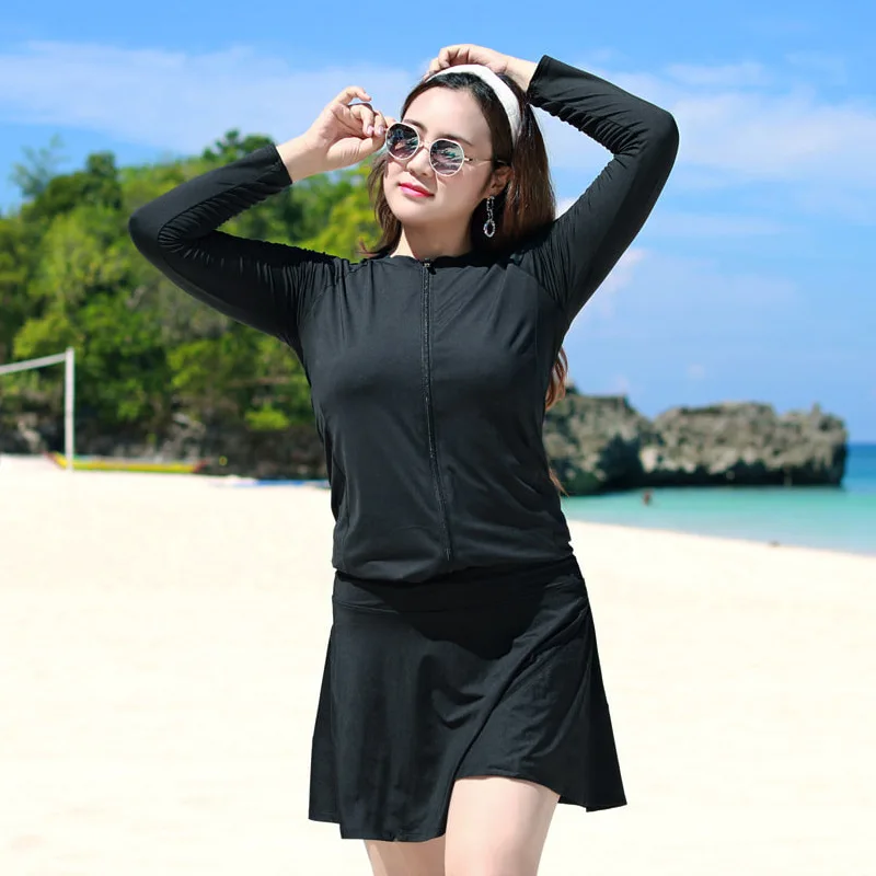 

3pcs/set Women's Plus Size Zip-Front Long Sleeve Tankini Rashguard Top 2XL-5XL Rash Guards Beachwear Wetsuit Tracksuit Skirt