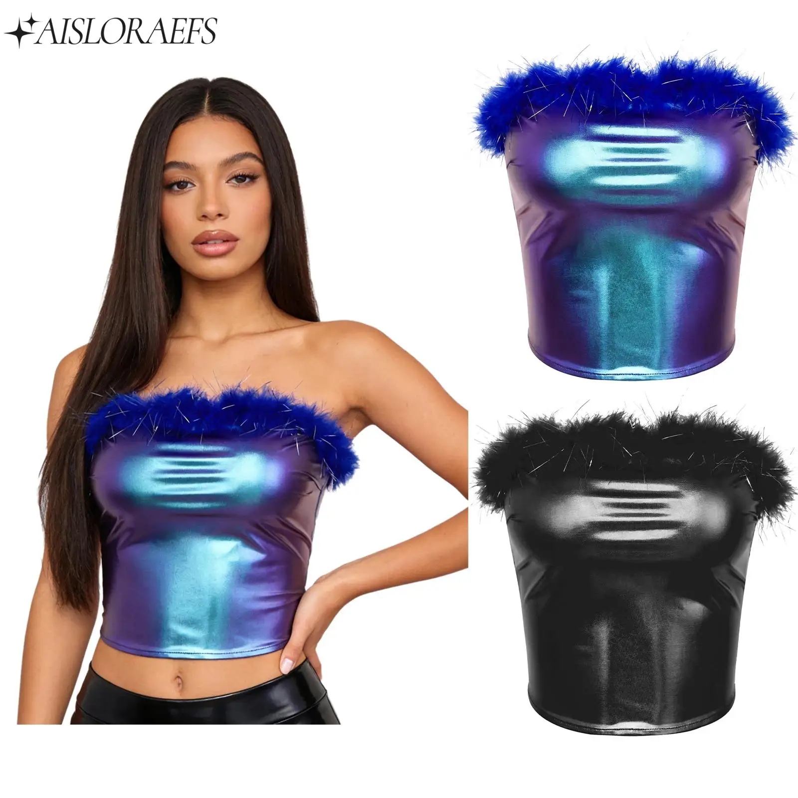 

Womens Feather Disco Dance Tops Metallic Gloss Tube Top Shiny Strapless Top for Raves Pole Dancewear Music Festival Club Party