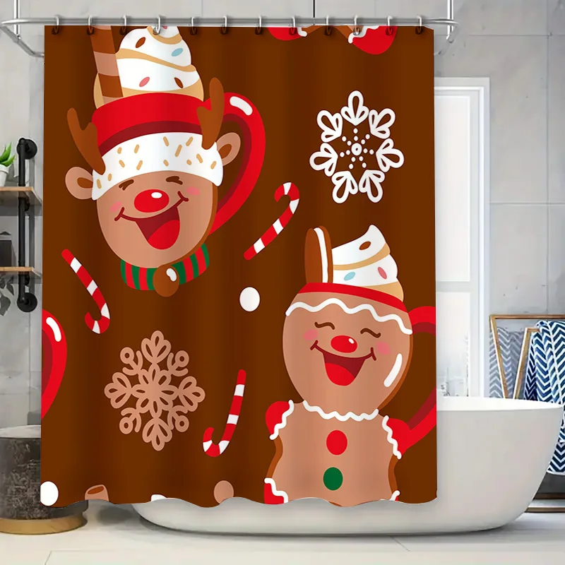 Delightful Christmas Shower Curtain Fun Reindeer Gingerbread Man Design for Bath Decor Waterproof Fabric with Hook Set (Red)