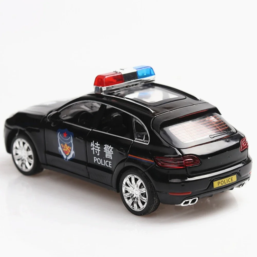 Maßstab 1:32 Porsche Macan Polizeiauto-Spielzeugmodell, 6 Türen geöffnet, Ton, Licht, zurückziehbar, Legierungskörper, Gummireifen, SUV-Modelle, Kindergeschenke