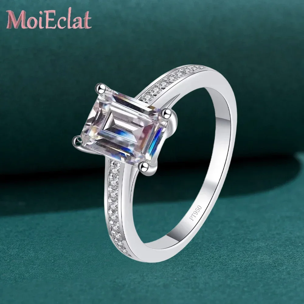 MoiEclat Store Platinum PT950 Rings for Women Birthday Gifts, 2 Carat Moissanite Radiant Emerald Cut Ring Sparkling Jewelry