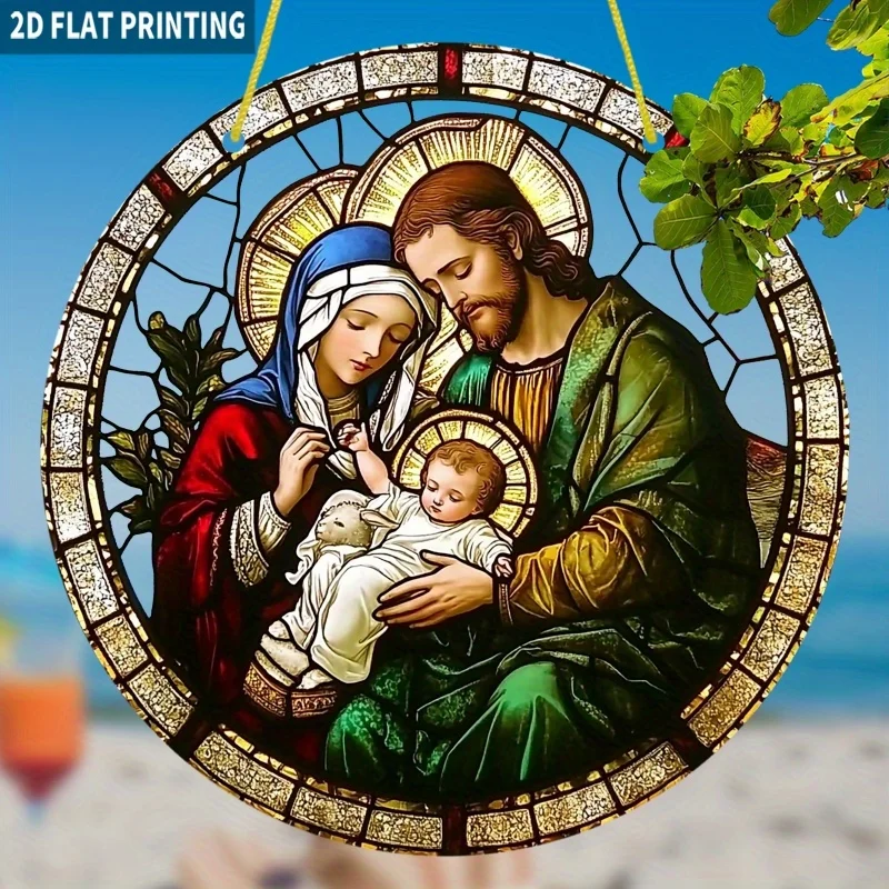 2D Flat, 1pc Holy Family Sun Catcher - 19.99x19.99 cm Circular Acrylic Sign with Stained Glass Effect, Bohemian Style 2D Flat Wi