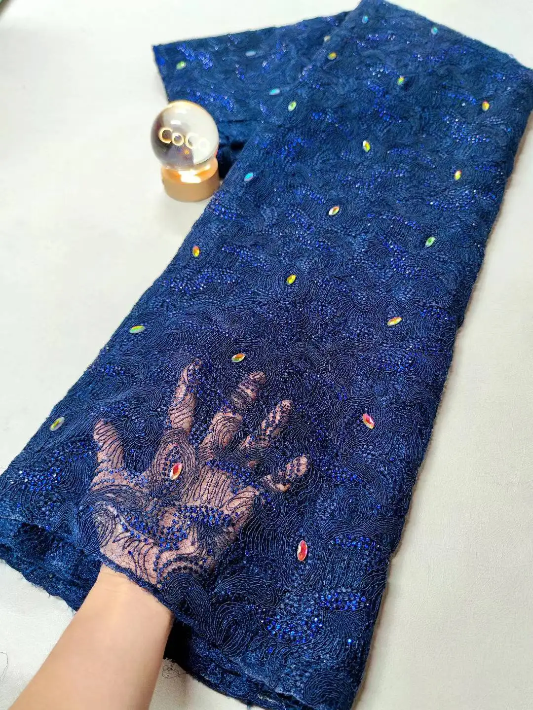 

2025 Latest High Quality African Nigerian With Tulle Sewing Guipure Embroidery Lace Fabric Dresses Sequins Beads 5Yards XL102