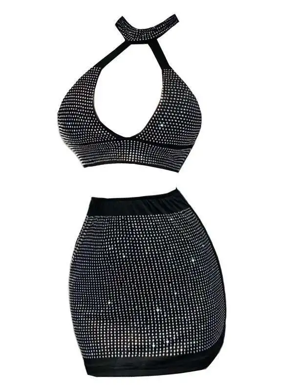 WOMENGAGA ฝังเพชร V-ต่ําตัดหน้าอกเซ็กซี่บาร์ไนท์คลับสั้นแขวนสายคล้องคอ 2 ชิ้นสําหรับชุด Elegant เสื้อ Z4WS