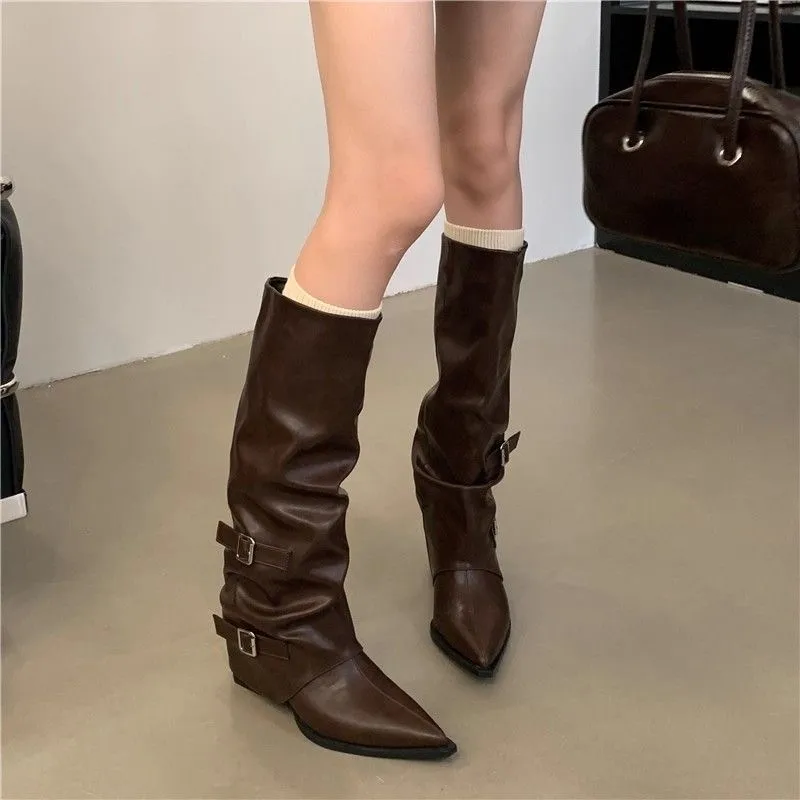 Women Pointed Toe Knee High Boots Slouchy Foldover Leather Shaft Buckle Strap Slip On Chunky Heel Long Boots Shoes image 4