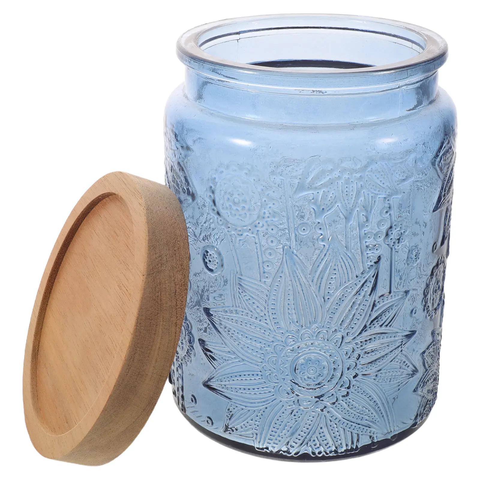 1Pcs Vintage Embossed Glass Jar Wood Lid Airtight Storage Container Sugar Coffee Tea Cookie Holder Embossed Glass Jar
