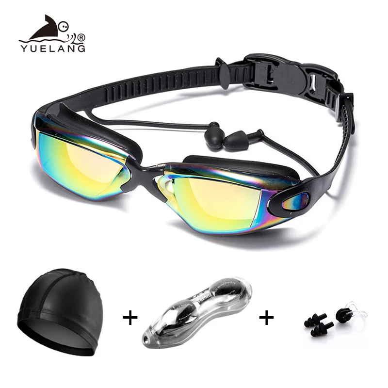 

Swimming Goggles Set earplugs Cap Waterproof HD Anti-Fog Anti-UV Pull Buckle Adult Silicone Glasses Electroplate professional