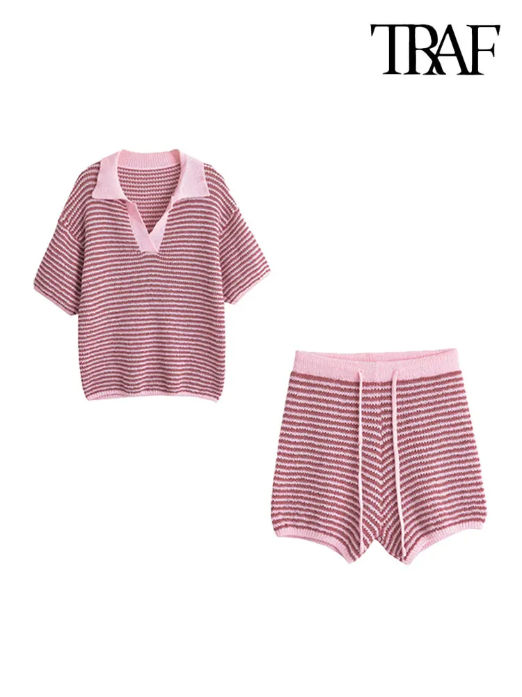 TRAF-Polo Collar Striped Knit Sweater and High Elastic Waist with Drawstring Shorts for Women, Female Two Piece Sets, Fashion