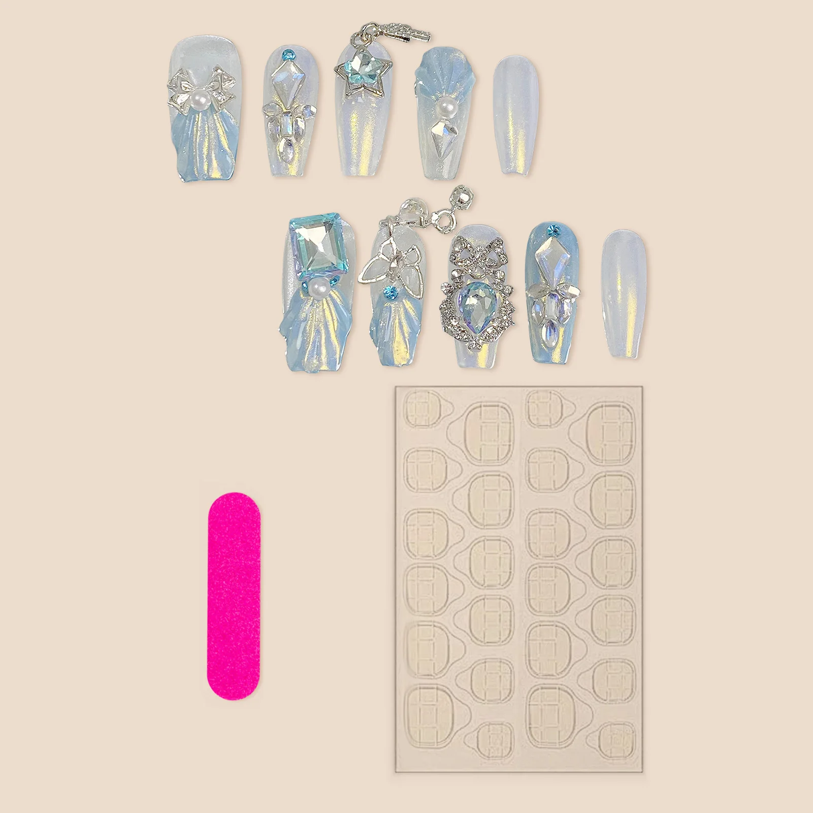 Blue White False Nails with Pearls Sweet & Charming Reusable False Nails for Stage Performance Wear