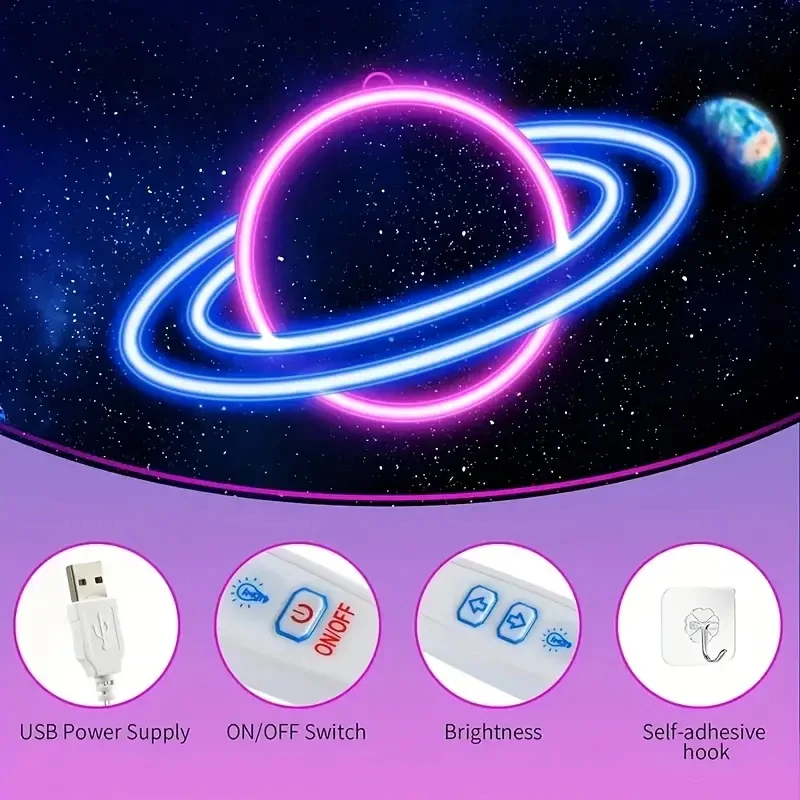 Planet Neon Sign, 10 Levels Brightness LED Neon Lights Signs For Wall Decor, USB Powered Neon Lights For Bedroom