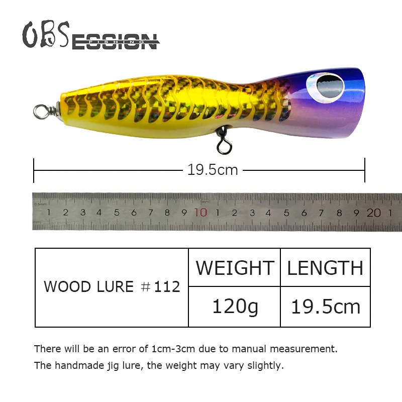 OBSESSION WD112 120g 195mm Popper Fishing Lure Handmade Wooden Surface Popper Trolling Lures Topwater Fishing Hard Wood Baits