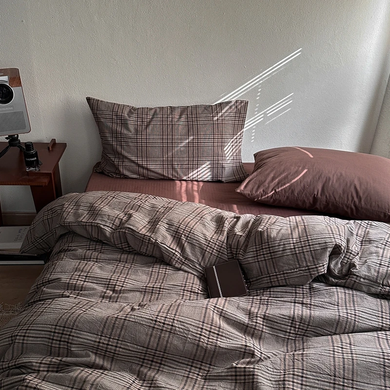 

Nordic Ins Bedding Set Plaid Classic Vintage Pure Cotton Duvet Cover Set Double Queen Size Flat Sheets Set Different Pillowcases