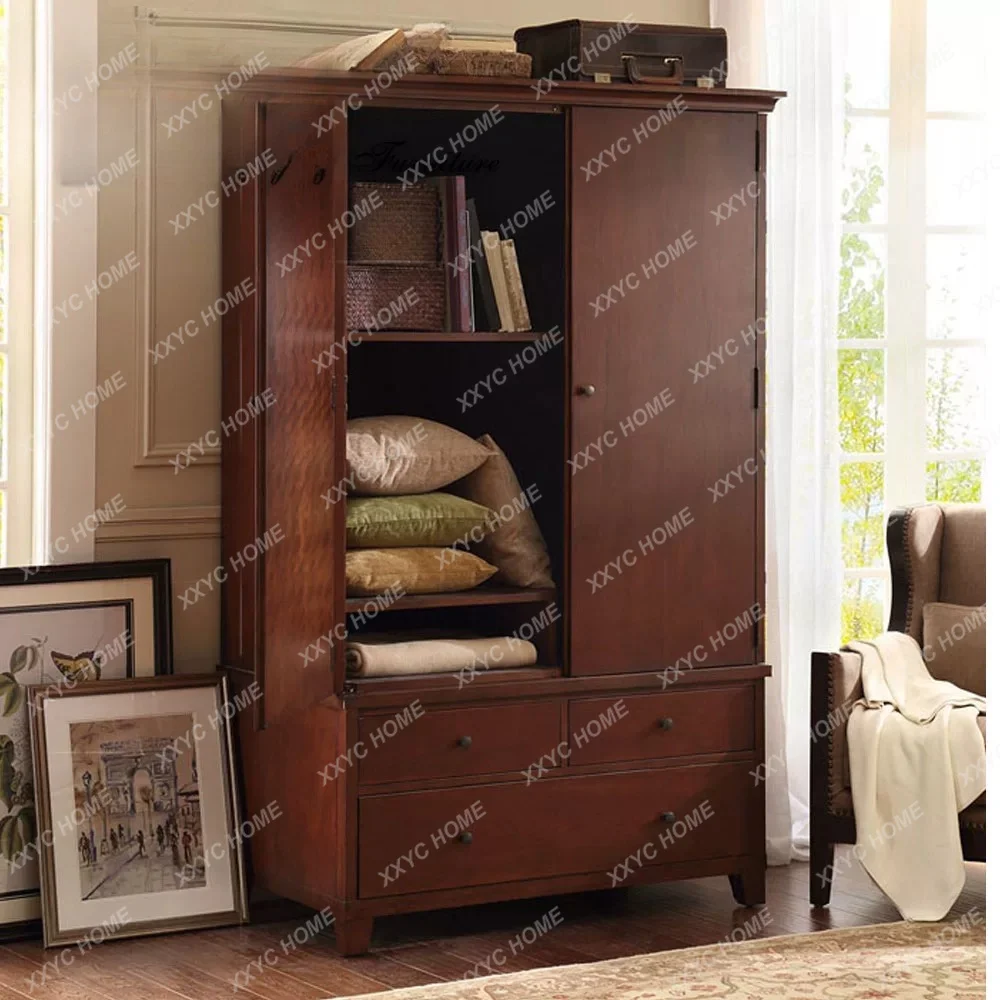 Country Antique Distressed Style Wardrobe Two Door Storage Cabinet Bedroom Sideboard Oak Solid Wood