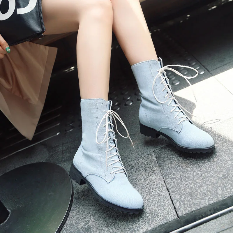 New Autumn Winter Denim Women Boots Chunky Heel Platform Round Toe Ladies Shoes Casual Lace Up Ankle Boots for Women WSH5220 view 6