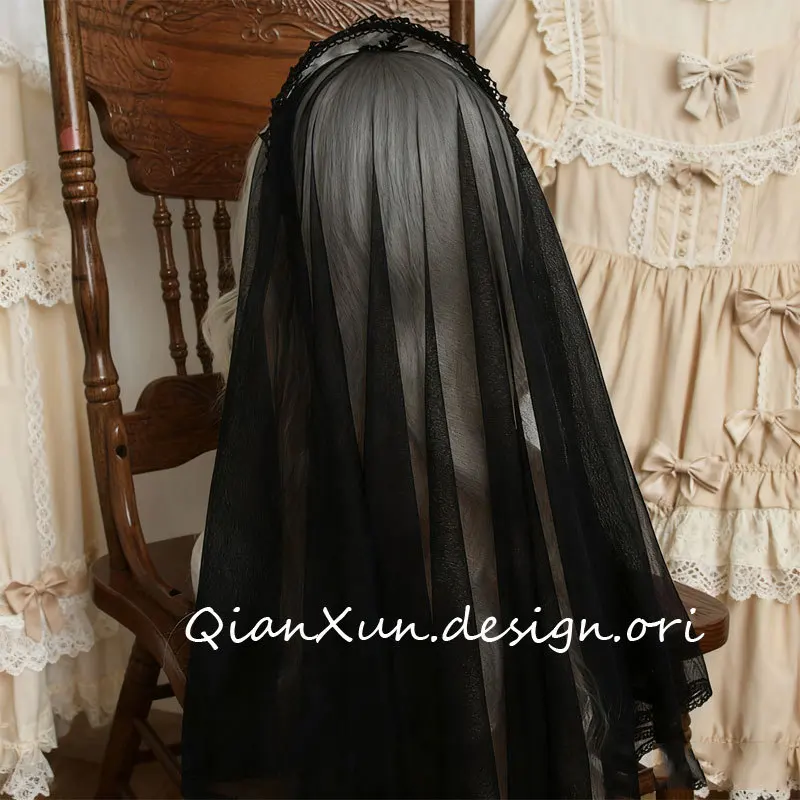 Handmade Gothic Lolita Cross Veil Headpiece with Lace Trim and Bows, Black or White Nun-Inspired Hair Accessory