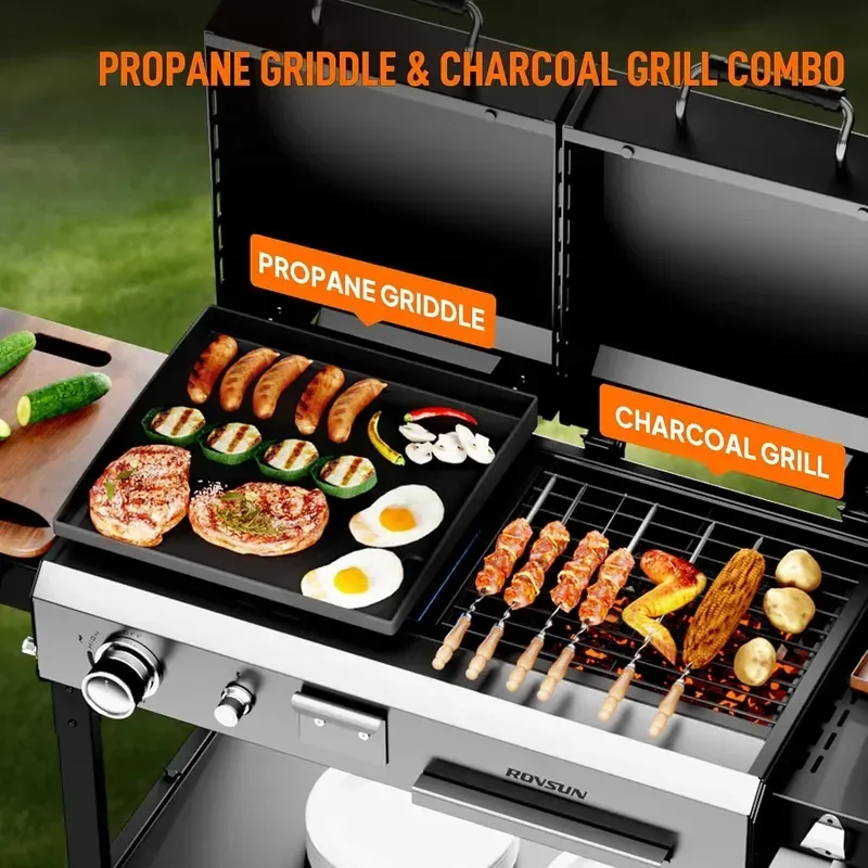 2-in-1 Propane Gas Grill and Charcoal Grill Combo with Lid 12000BTU Flat Top Griddle and Charcoal BBQ Grill with Electronic