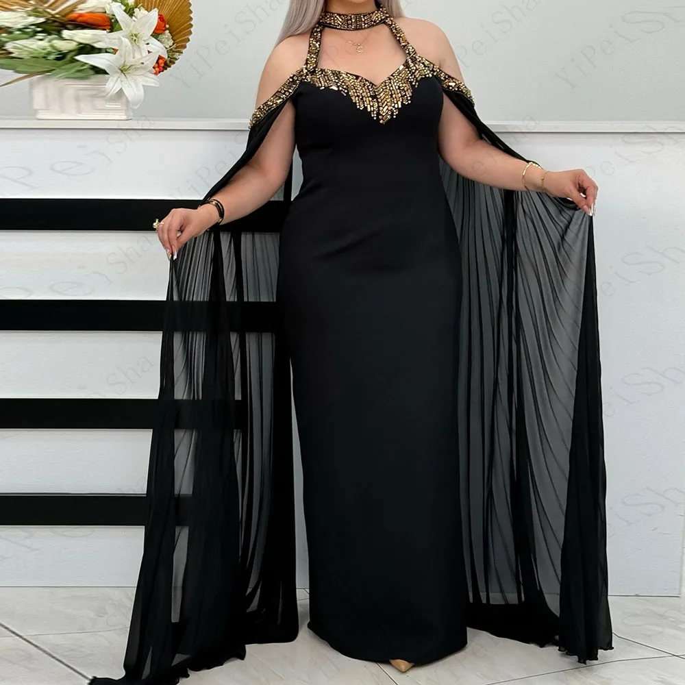 

Customized Straight Prom Dresses Floor-Length High-Neck Full Sleeve Evening Gown Fashion Crystal Simple Draped Party Gown