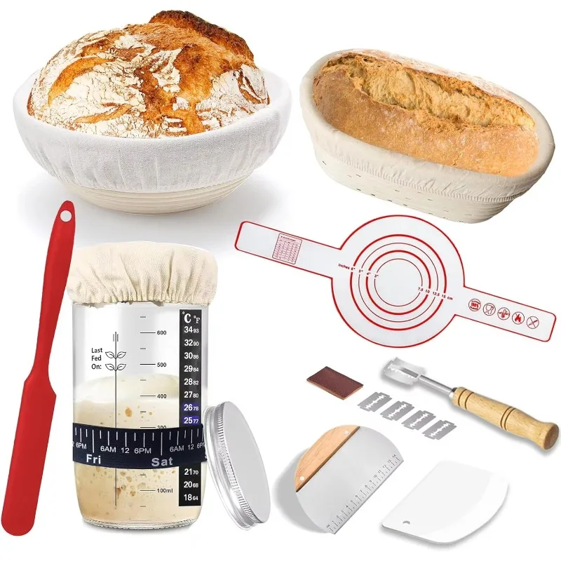 Starter Kit Rattan Bread Proofing Basket Set Baking Supplies with 24 oz Sourdough Starter Jar Silicone Baking Mat