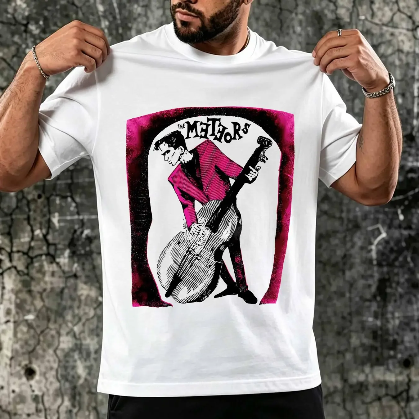 washed T Shirt Vintage 80's THE METEORS English Psychobilly Band White long or short sleeves vintage Washed Comfortable homme