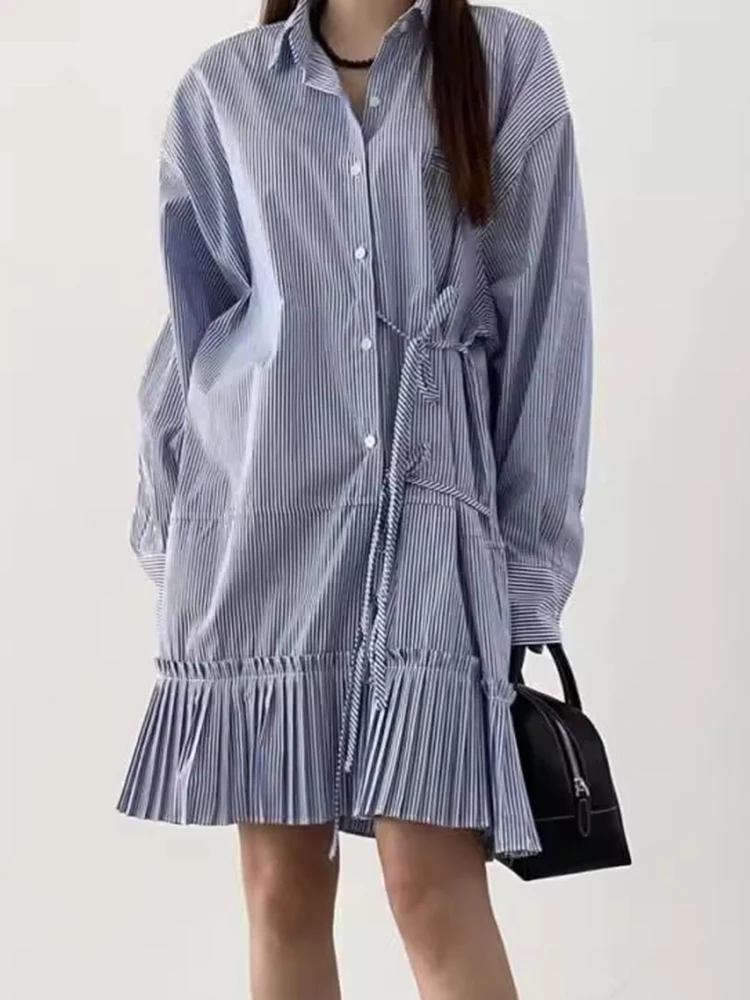 Retro Chic Autunno Lungo Sve Striped Dr Loose Fit Fisarmonica Piega Lato Legato Patchwork Allentato Colletto rovesciato Coreano Sle