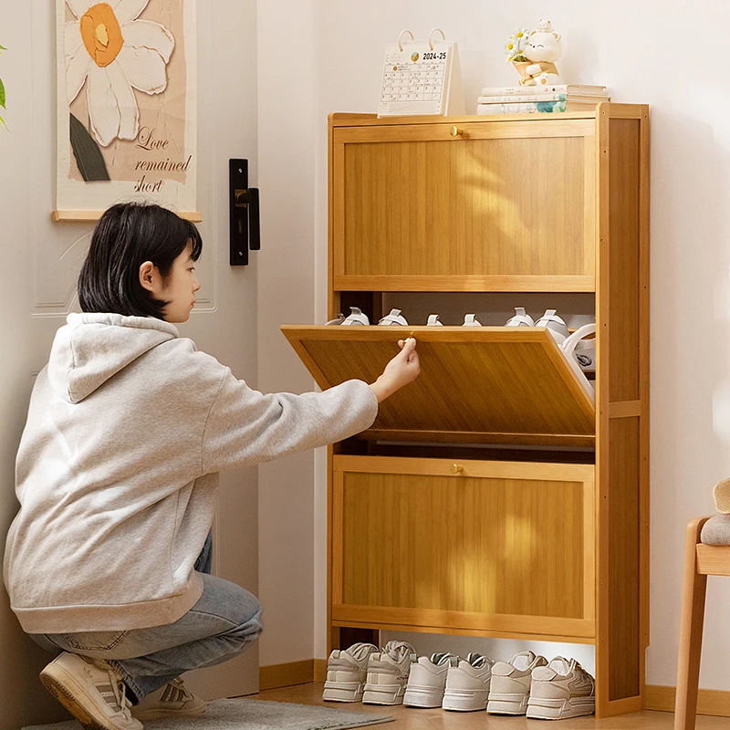 17 سنتيمتر خزانة خذاء رقيقة جدا للمدخل توفير المساحة الوجه متابعة رف الأحذية سعة كبيرة تخزين الرف المدخل الخيزران المنظم #2