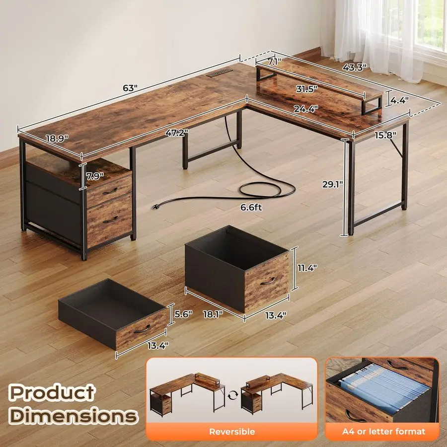 63 Inch L Shaped Desk with Power Outlets and USBC Port, Computer Corner Home Office Desk with File Fabric Drawers and Movable Mo