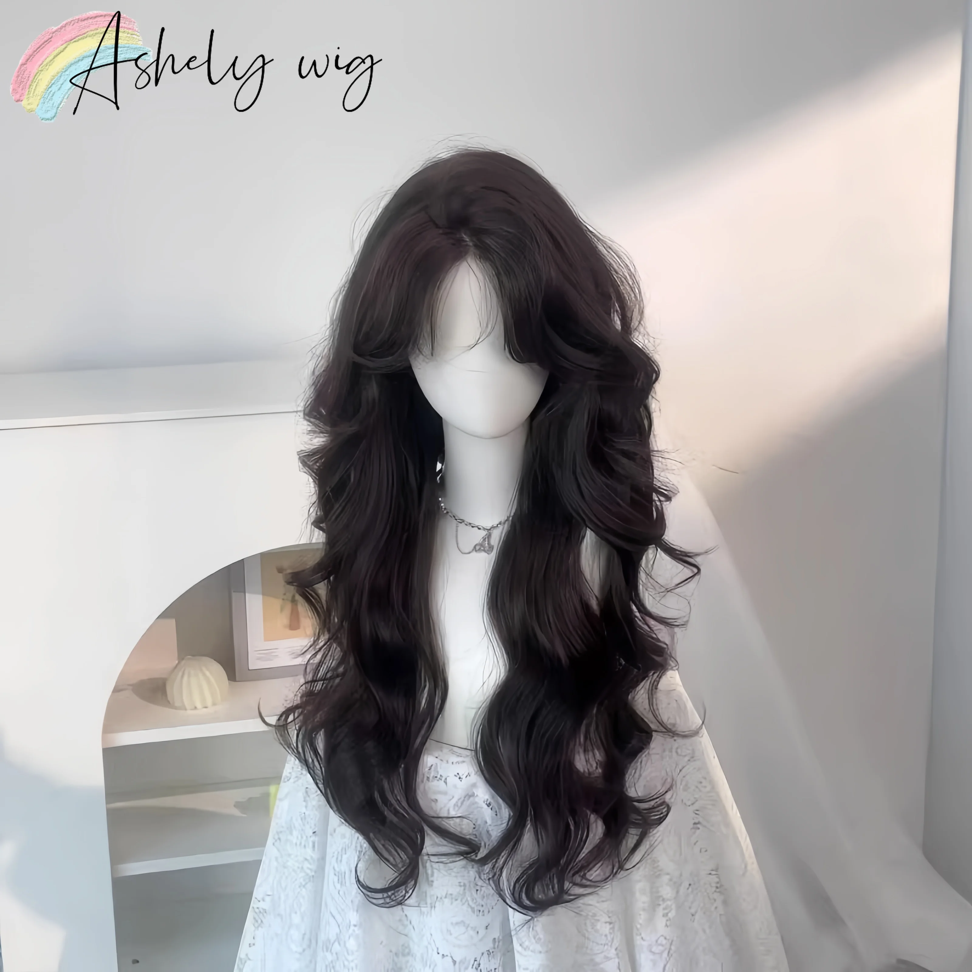 Ashely Wig for Women Long Wavy Wig with Curtains Bangs High Temperature Fibers 26inch Body Wave Lolita Synthetic Wigs for Daily