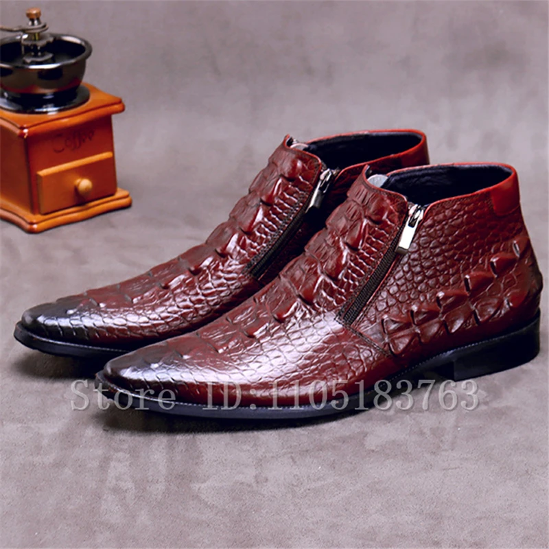 Men New Cowhide Short Boots Crocodile Pattern Side Zipper High Top Leather Shoes Luxury Business Formal Shoes