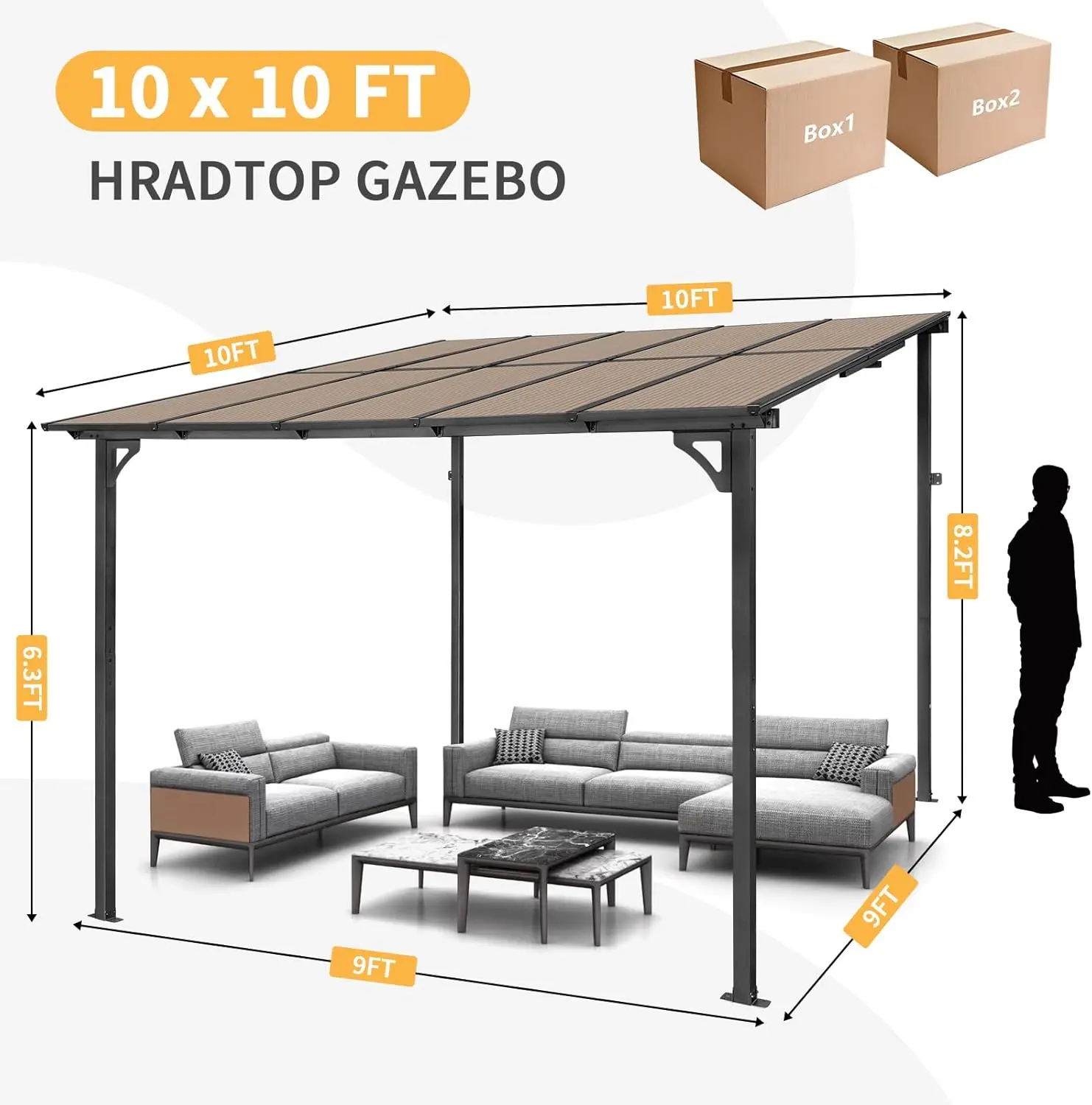 10X10 Outdoor Wall-Mounted Pergola, Water-Resistant Inclined Roof Covers, Sun Shade Canopy Garden Pergola, Outdoor Patio