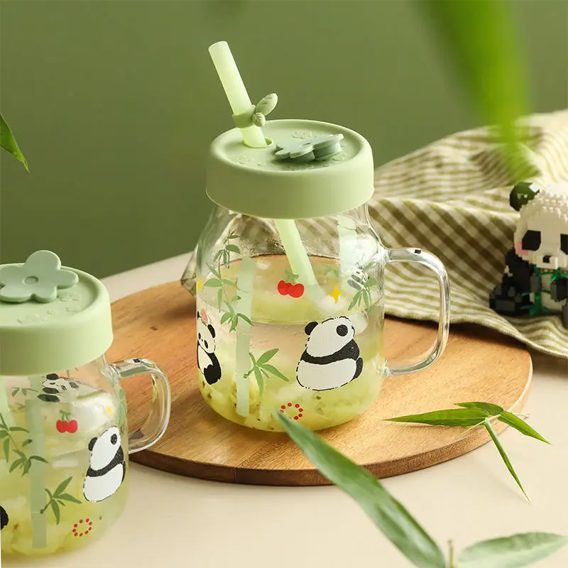 630/780ML Panda High Boron Silicon Glass Silicone Straw Graduated Water Cup Drinking Glasses Kitchen Accessories Household Items