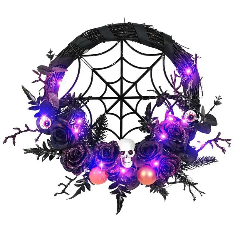 

Halloween Skull Wreath Black Spider Web Eyeball LED Lights Artificial Rose Skull Wreath For Spooky Front Door Halloween Decor