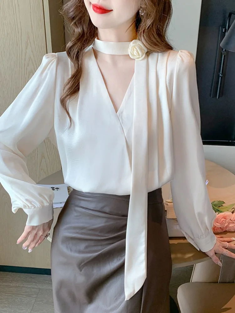 

Ele V-Ne Silk irt Women's Early Autumn Formal Ocn Netie Draped Top Loose Fit French Sle Long Sve irt