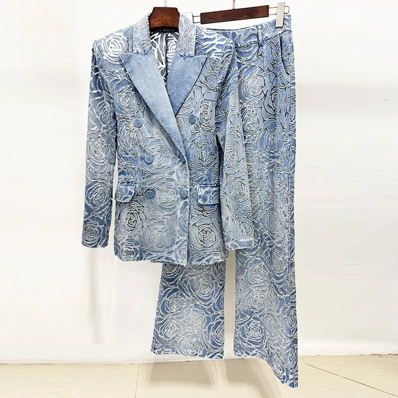 High Street Fashion 2026 New European and American Cool GIRL Heavy Industry Laser Burnt Denim Outerwear, Pants suit Set