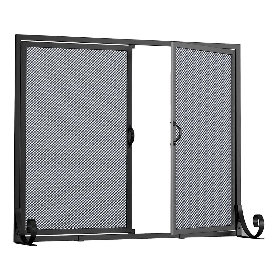 شاشة مدفأة بأبواب مفصلية، إطار فولاذي مطلي بالمسحوق، شبكة معدنية، فولاذ صلب مصنوع يدويًا، تصميم ديكور