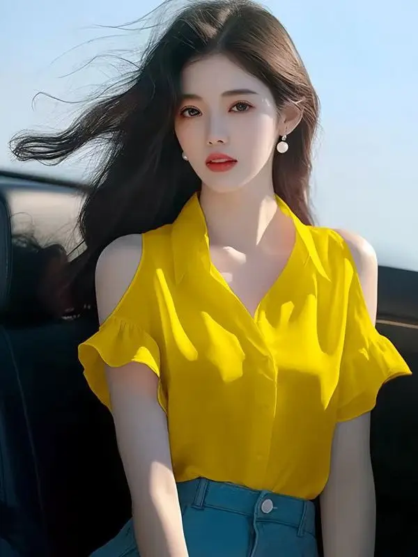 Ele ort Sve oulder Bared irt voor dames Mooie zomer Hoge kwaliteit Unieke Koreaanse Sle Loose Fit Ne