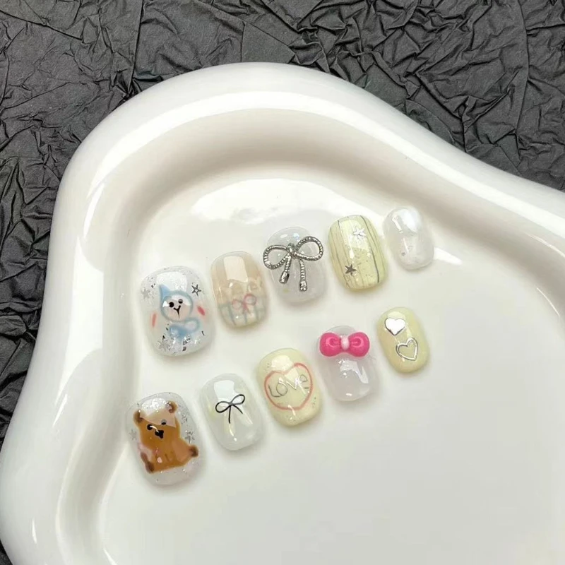 

10PCS Handmade Press on Nails Summer Dopamine Color Hand Drawn Strawberry Pattern Fake Nail Ins Alphabet Nail Patch