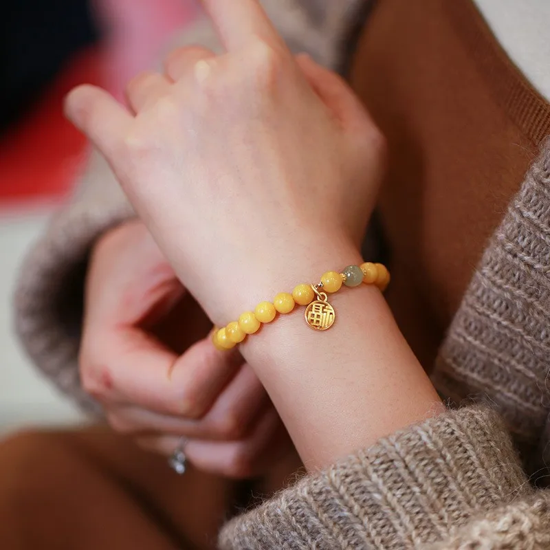 Natural Yellow Chicken Grease Beeswax Beads Bracelet Female Amber Hetian Jade Single Ring Bracelet Retro Chinoiserie