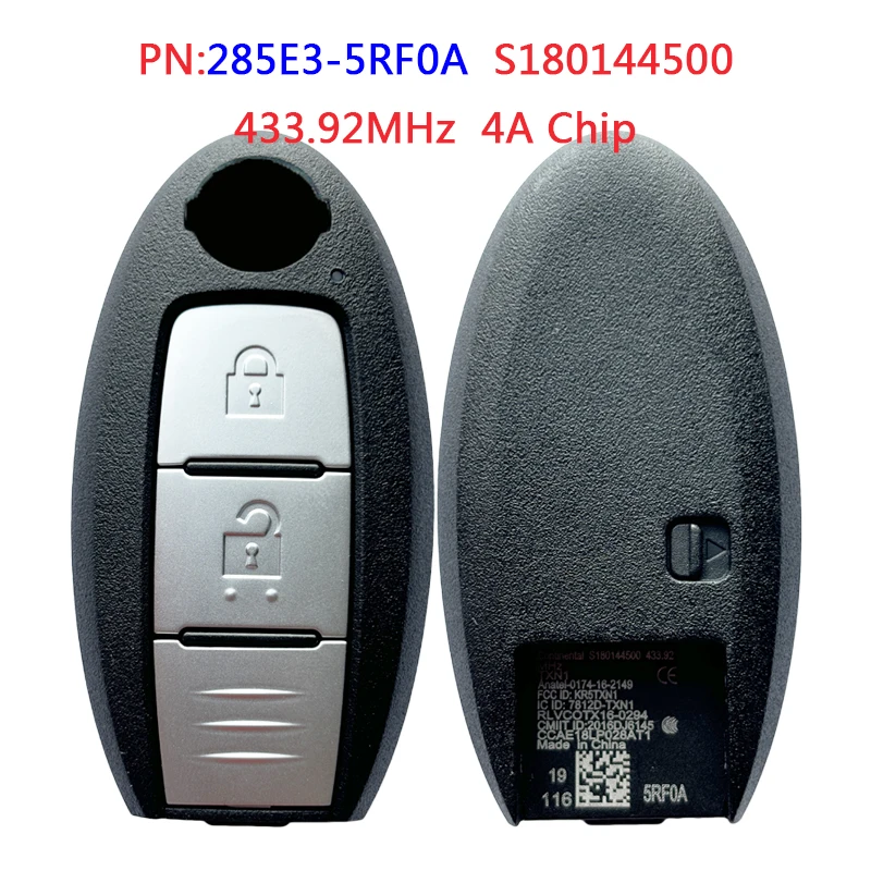 AK027123  PN 285E3-4RF0A For Nissan X-trail 2 Button Smart Remote Key 433.92MHz 4A Chip Continental S180144500 FCCID KR5TXN1